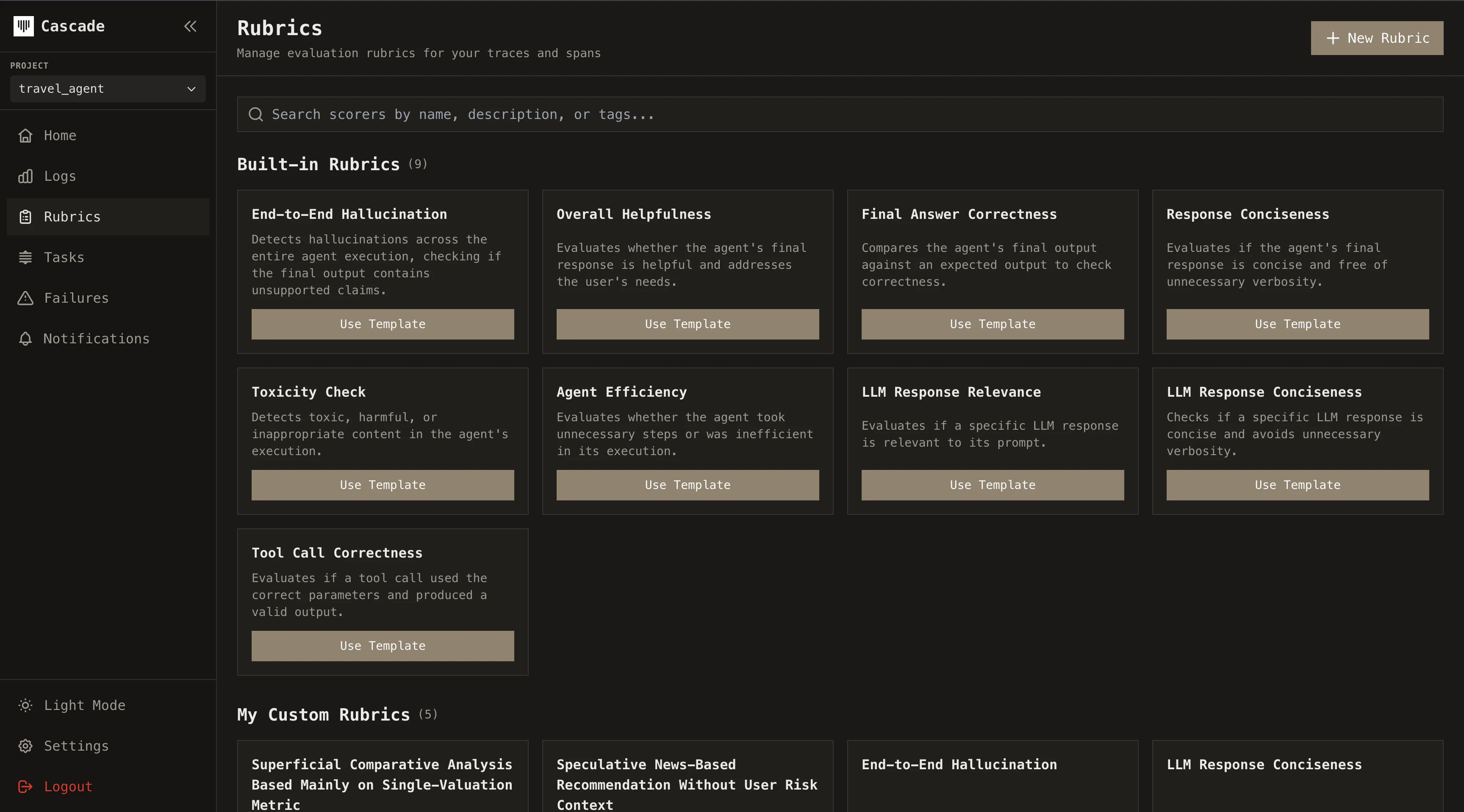 Rubrics page showing the list of built-in rubric templates with their descriptions and activate buttons