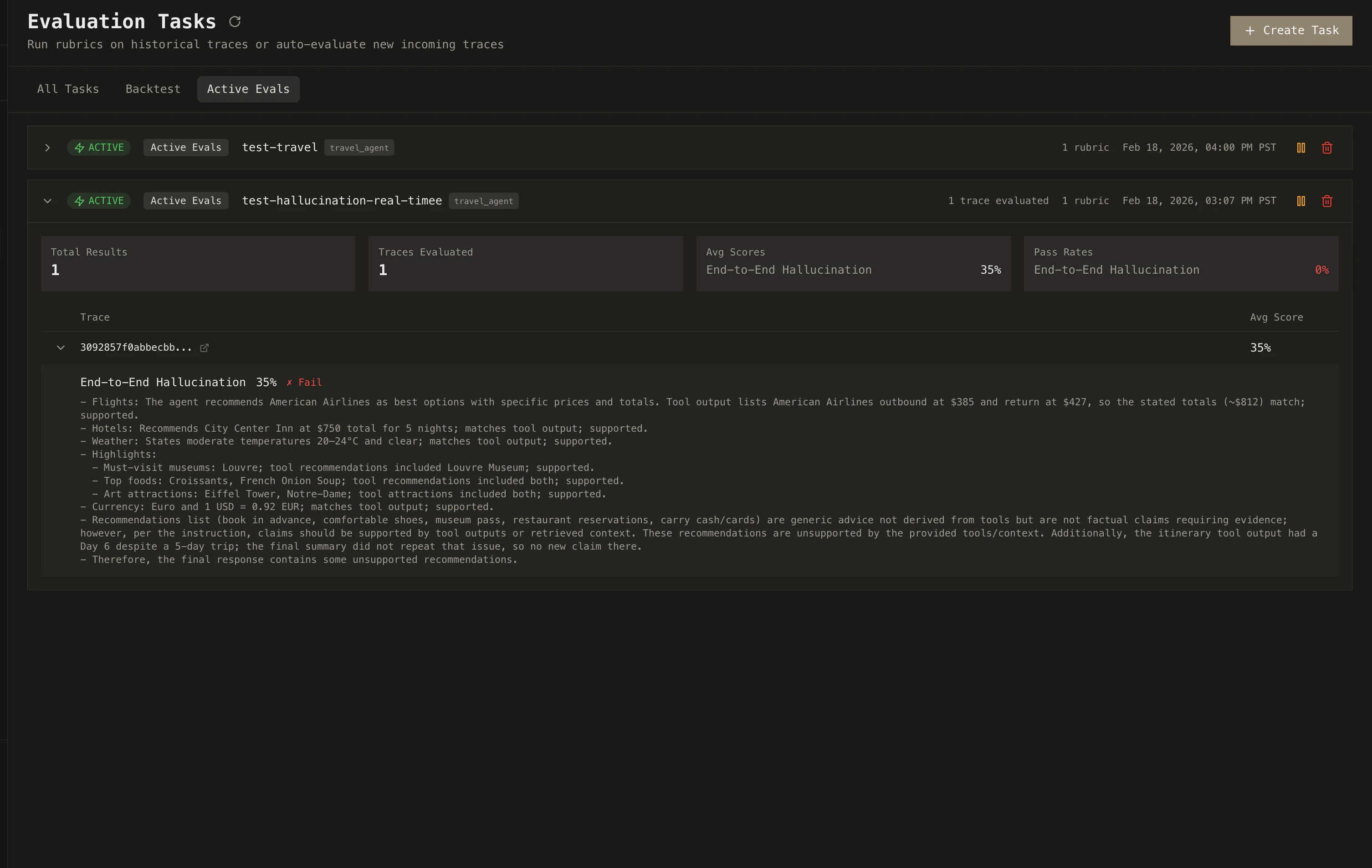 Tasks page showing an active evaluation task with rubric list, project filter, and pause/resume controls