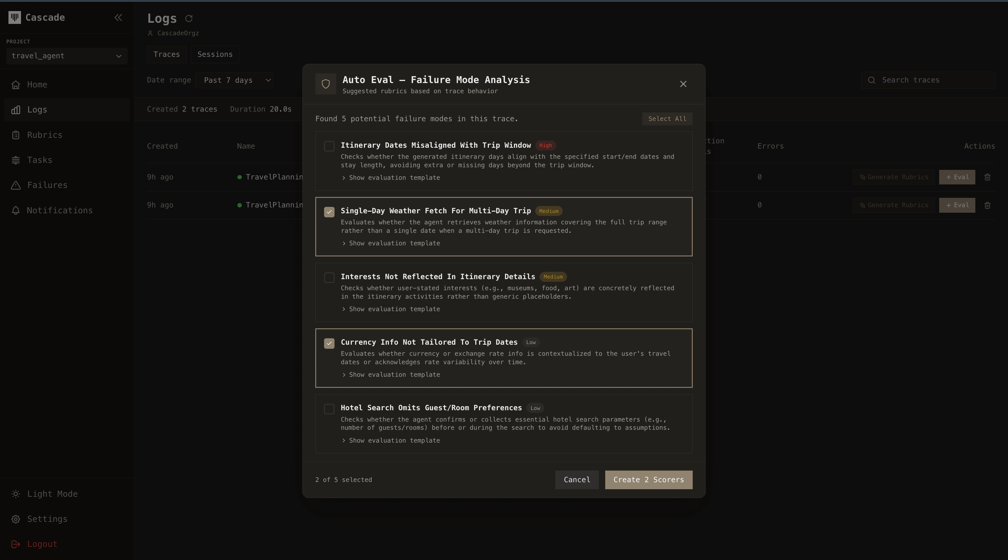 Auto Eval failure mode analysis showing suggested rubrics based on trace behavior