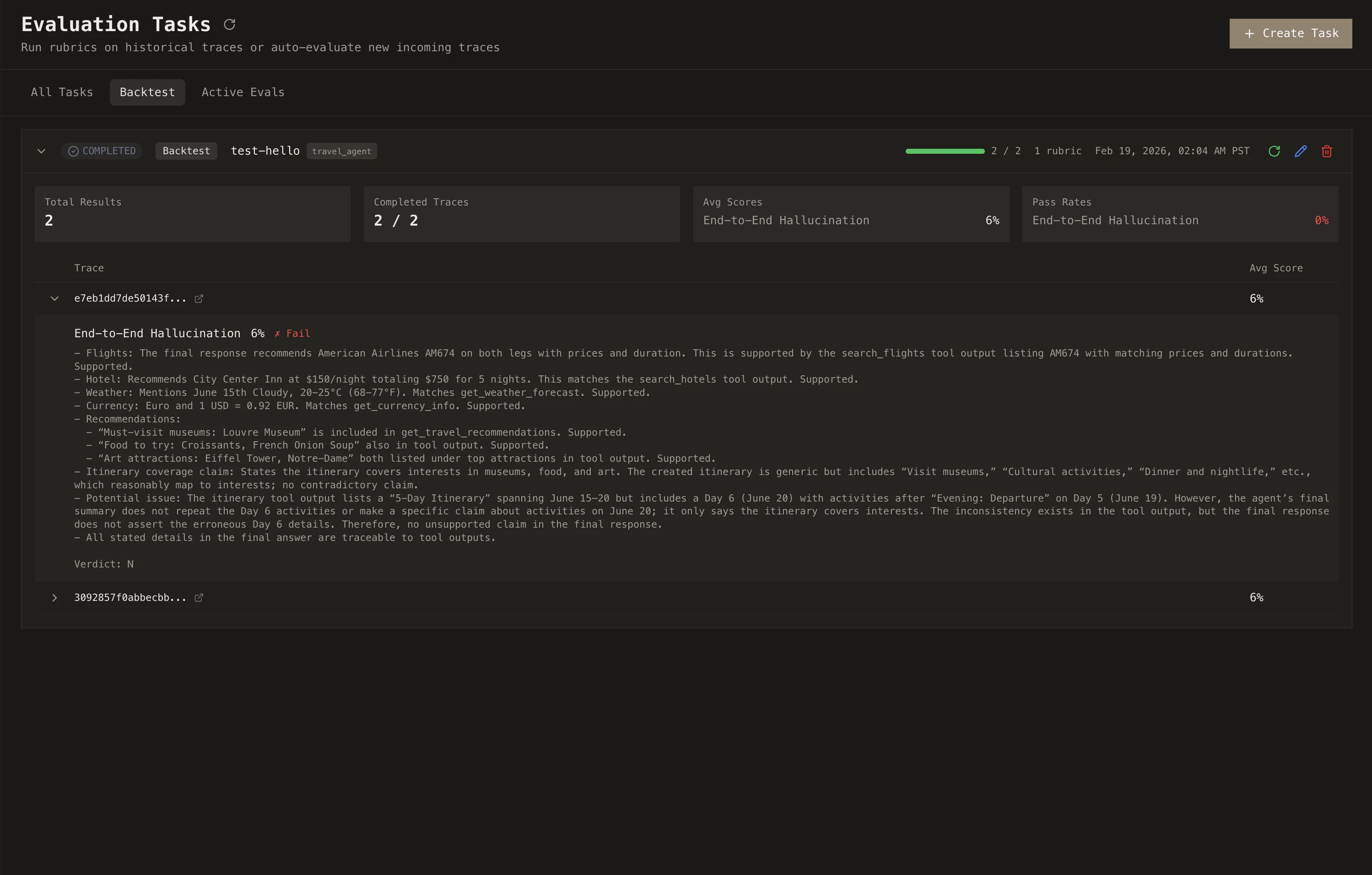 Backtest task creation form showing rubric selection, trace filtering options, and the run button