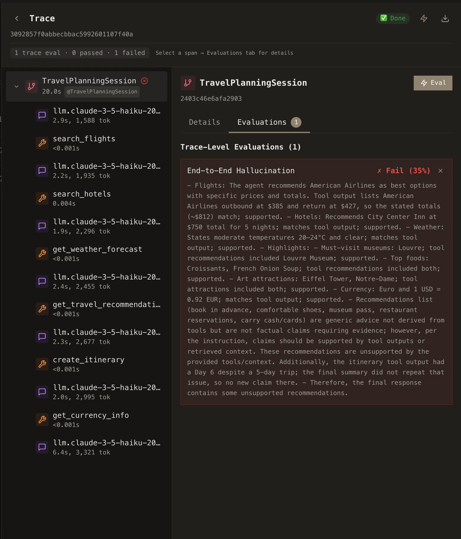 Trace view showing trace-level evaluation results with pass/fail status and detailed failure reasoning
