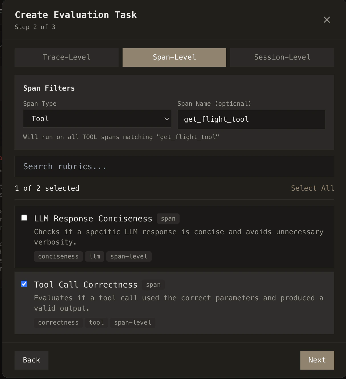 Evaluation task configuration showing scope options for trace, span, session level and agent/tool selection