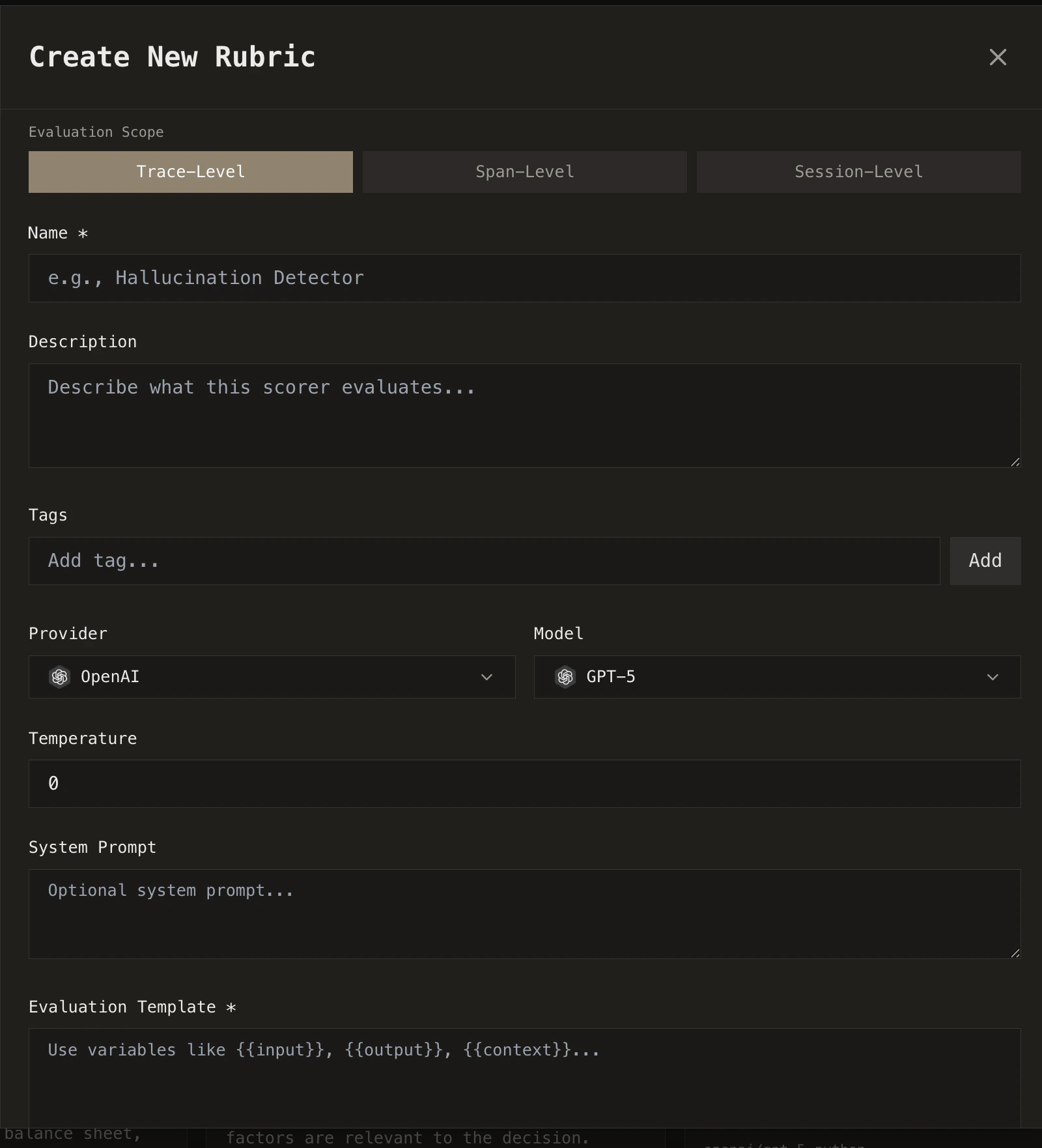 Create Rubric form showing the evaluation scope, prompt template editor, and threshold configuration