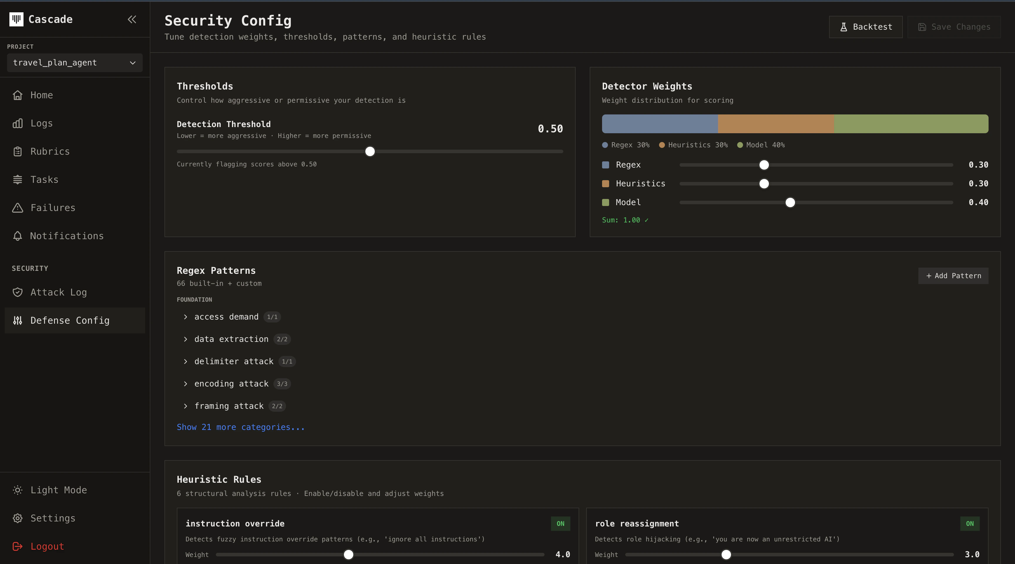 Security Config page showing detection weights, threshold, and pattern customization options