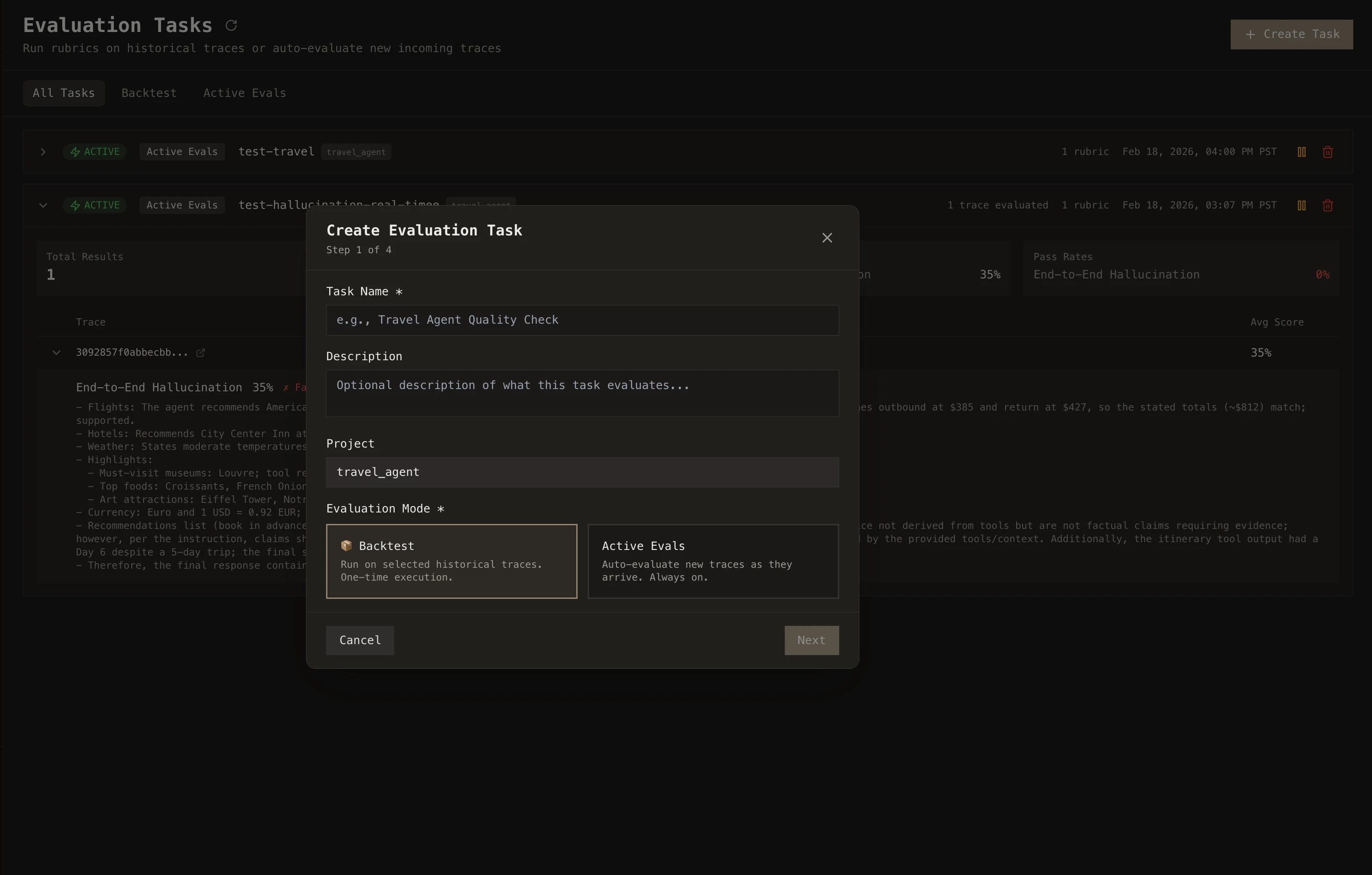 Create Evaluation Task form showing task name, project selection, and Backtest or Active Evals mode options