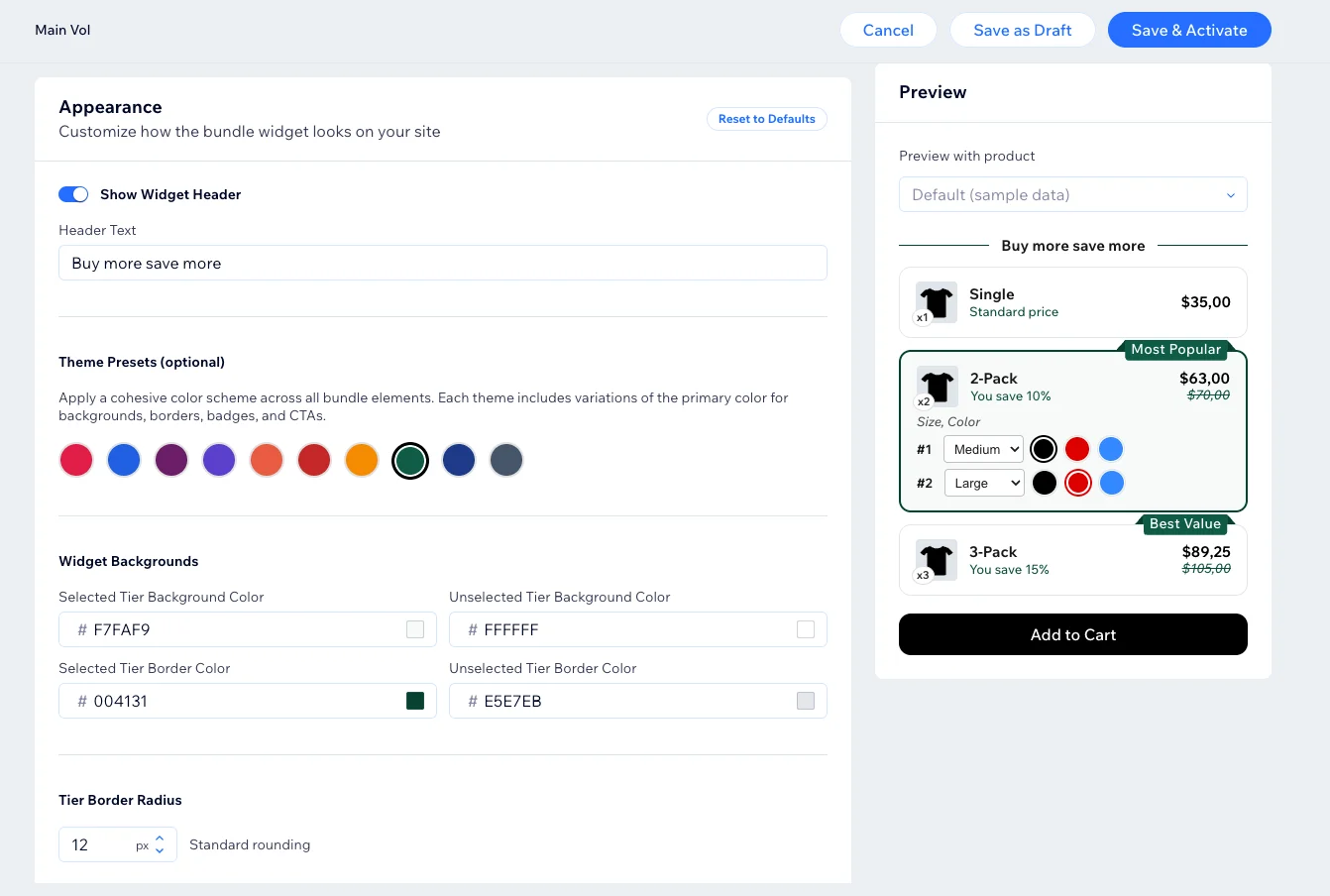 Widget customization options
