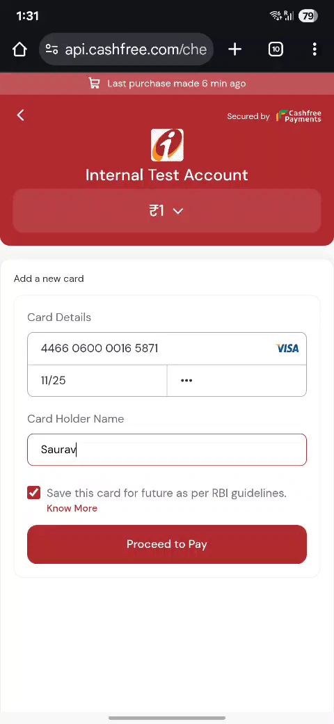 Native OTP experience on Cashfree checkout