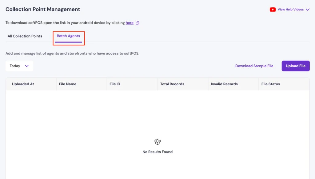 Collection Point Management with Batch Agents tab selected, Today date filter, Download Sample File and Upload File actions, and an empty upload history table with columns for uploaded time, file name, file ID, total records, invalid records, and file status