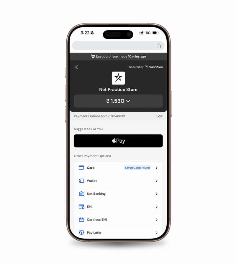Animated walkthrough of a customer selecting Apple Pay and completing payment at checkout