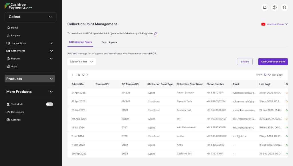 Collection Point Management with All Collection Points and Batch Agents tabs, softPOS download link, Add Collection Point button, and a table listing Agent and Storefront collection points