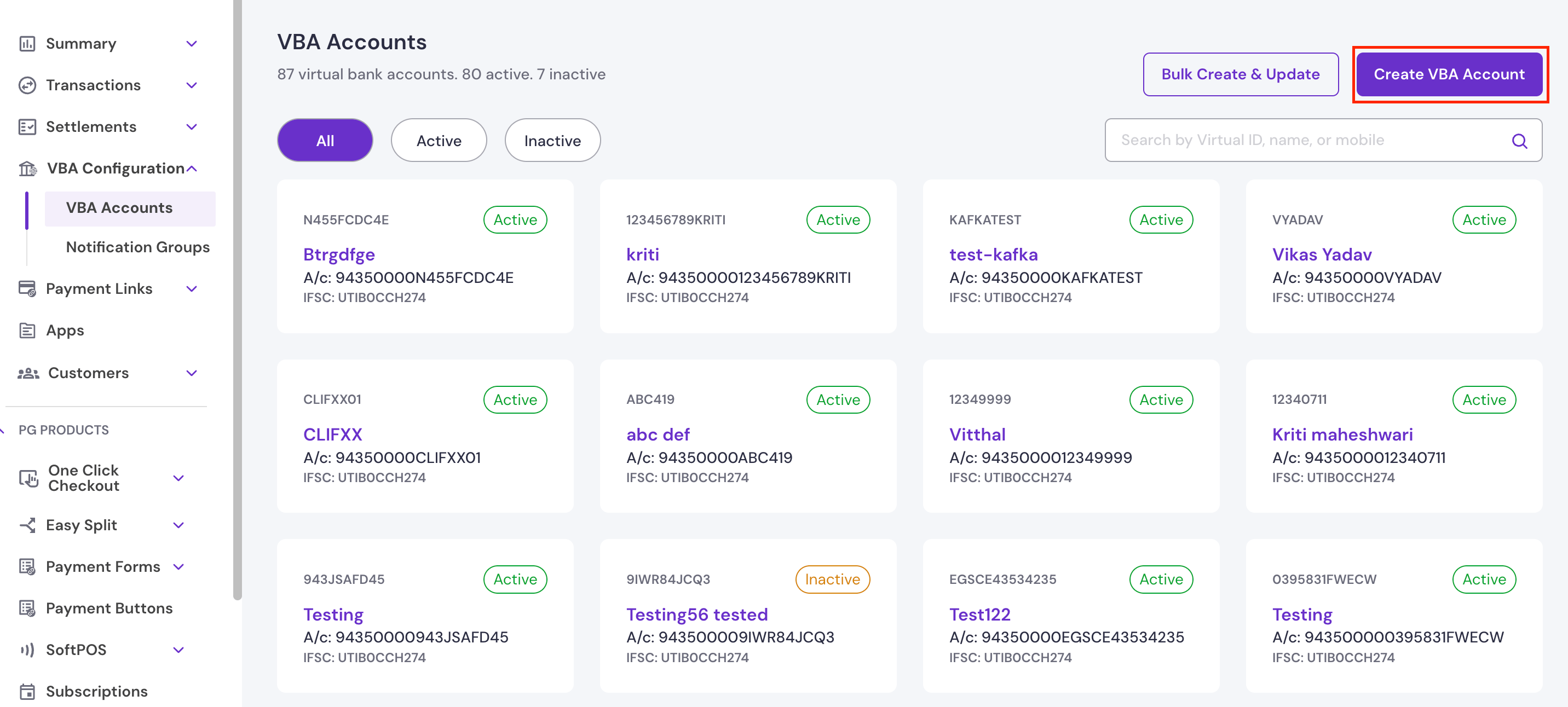 VBA Accounts page on the Merchant Dashboard