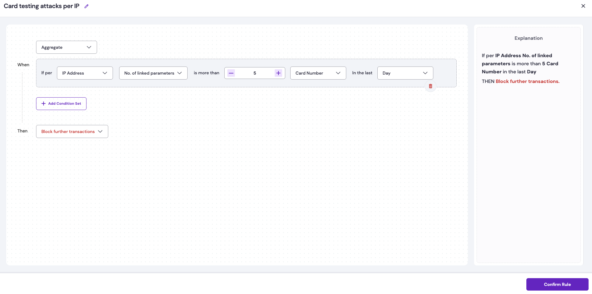 Rule setup for Card Testing scenario