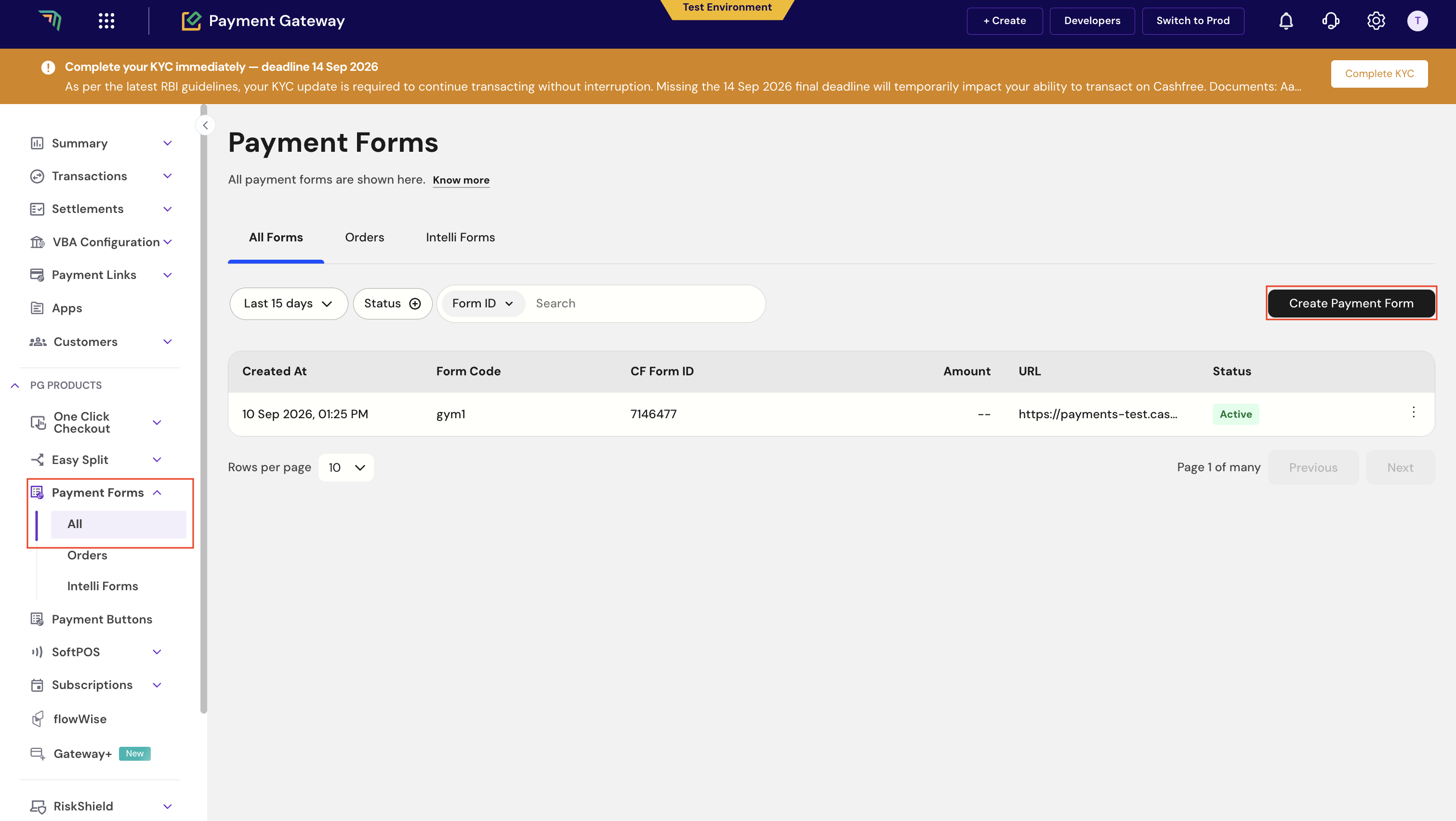 Merchant Dashboard Payment Forms page with Payment Forms All and Create Payment Form highlighted