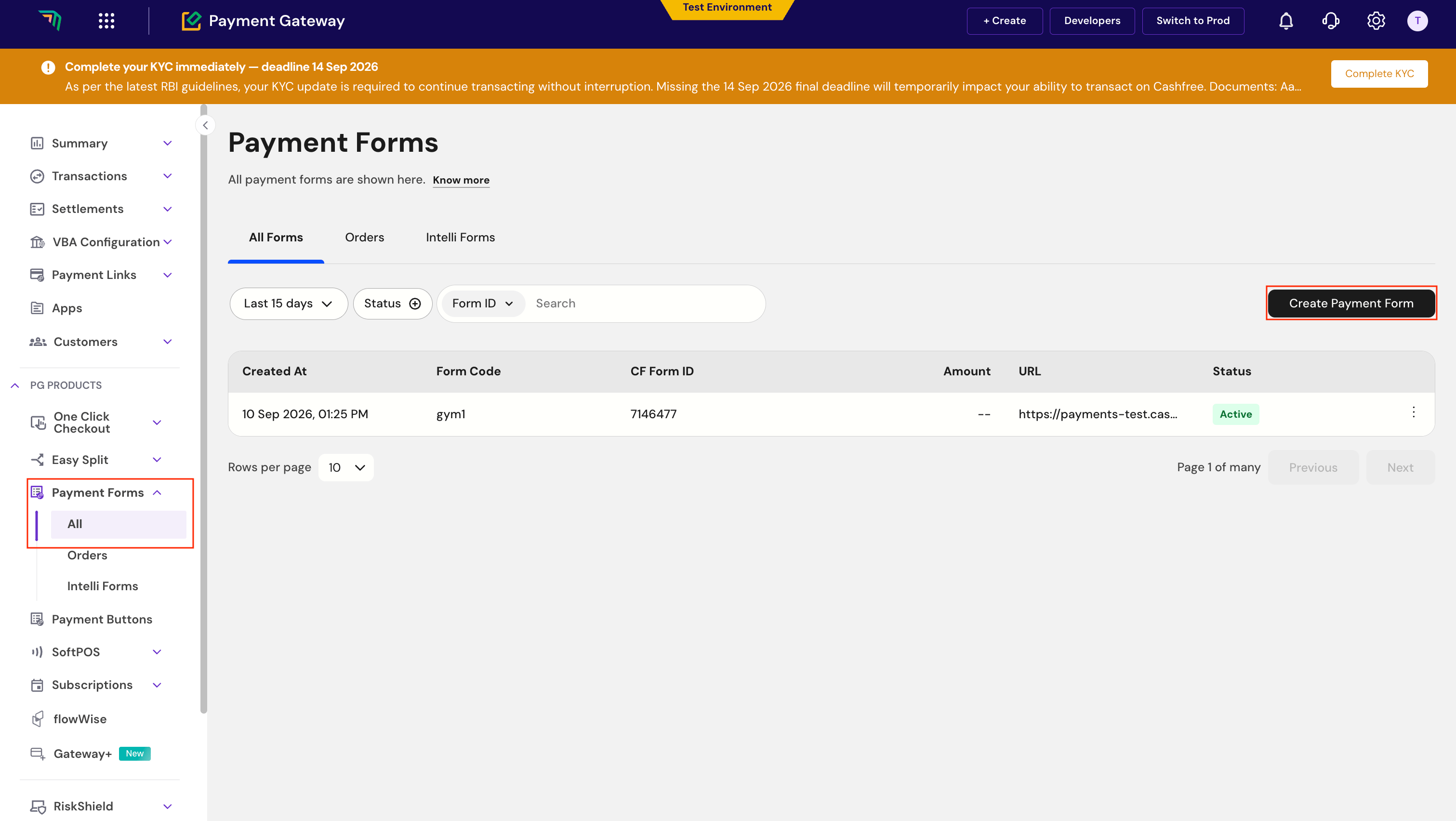 Merchant Dashboard Payment Forms page with Payment Forms All and Create Payment Form highlighted