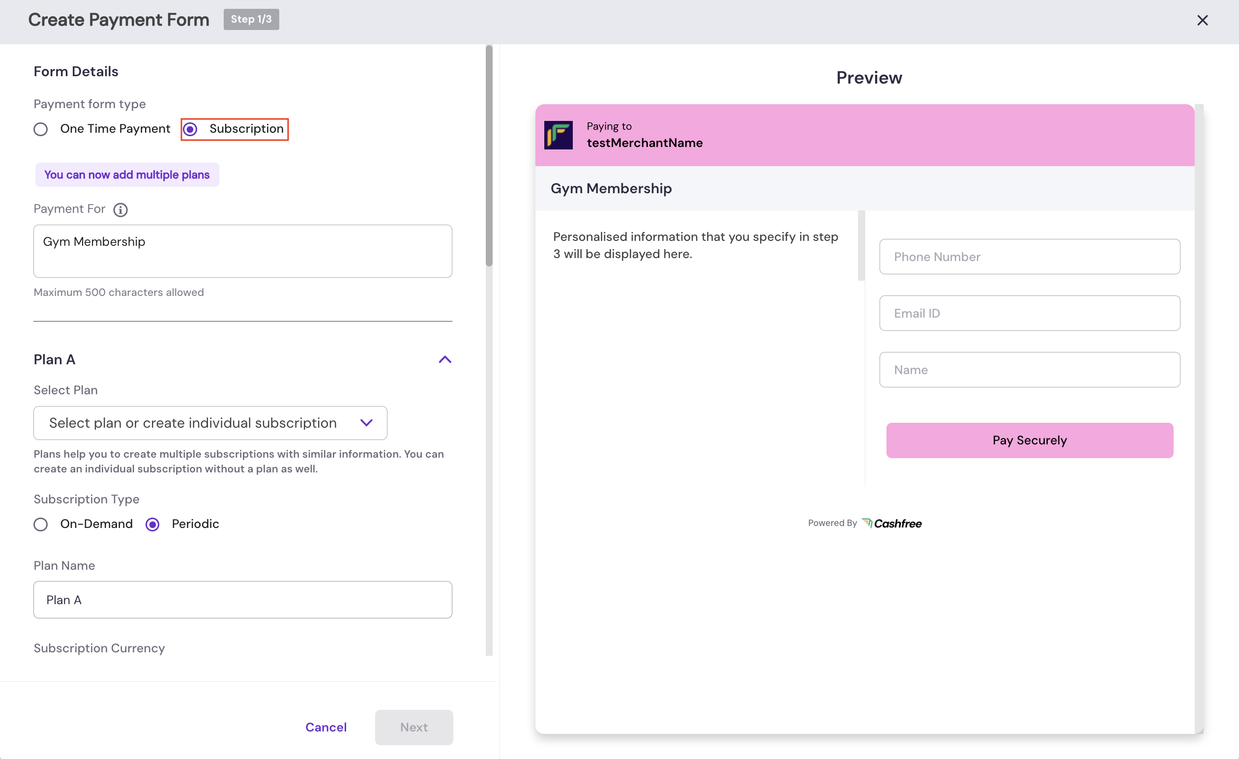 Create Payment Form page with Subscription selected, plan details on the left, and a form preview on the right