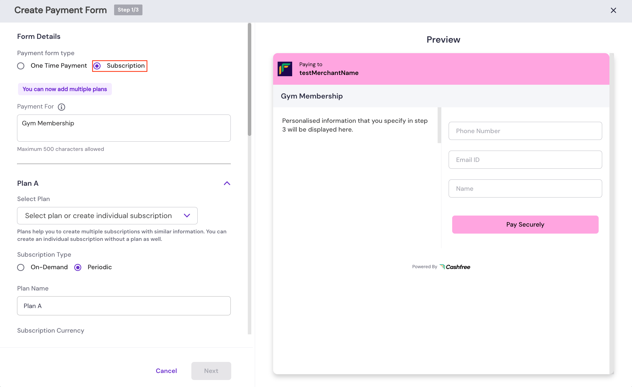 Create Payment Form page with Subscription selected, plan details on the left, and a form preview on the right