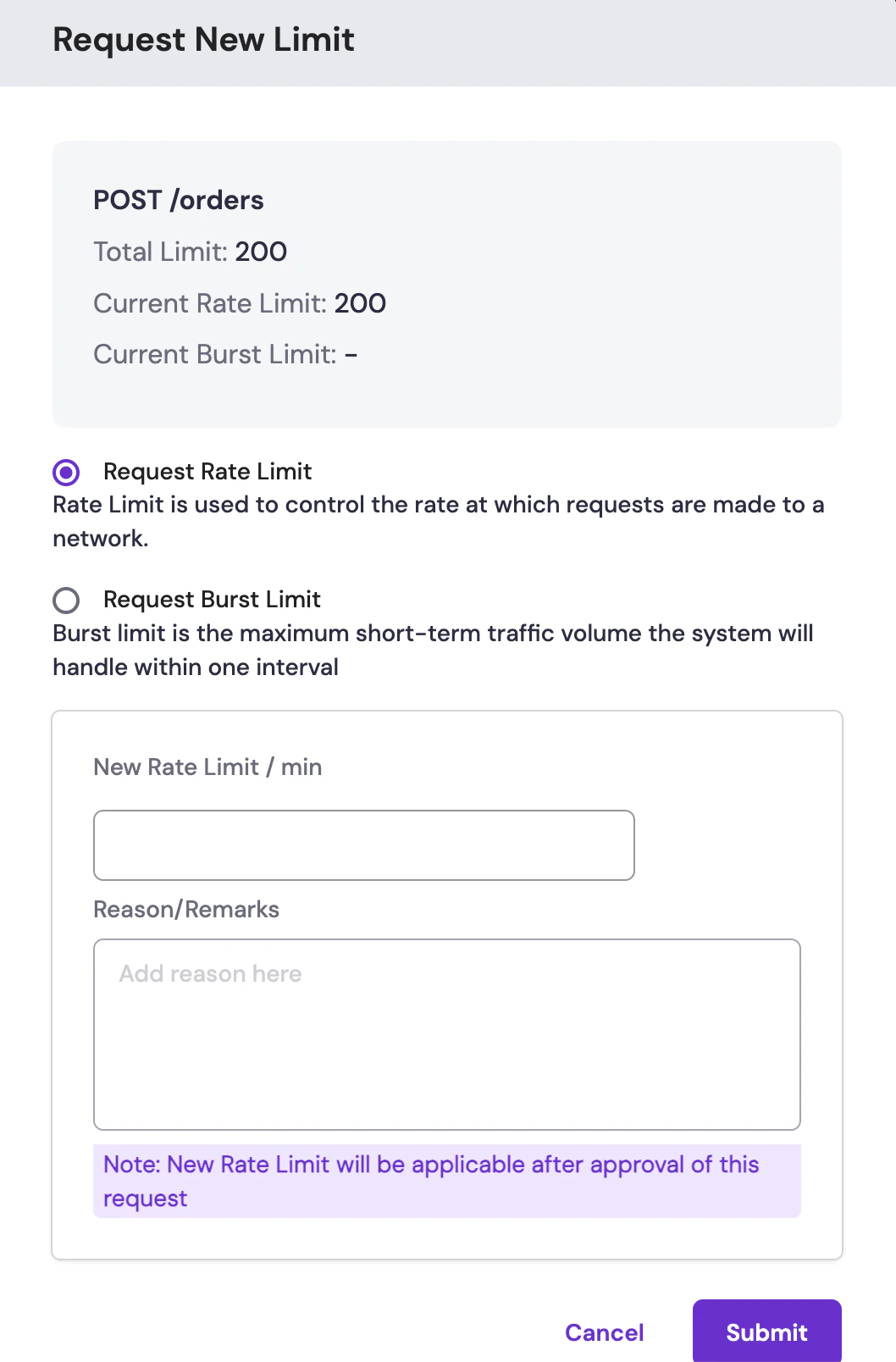Request new limit form with fields for rate limit and burst limit