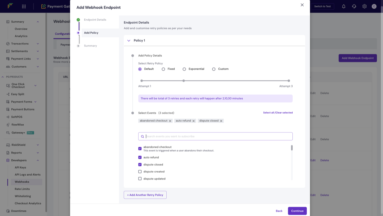 Add Policy section showing retry policy options and selected events, including abandoned checkout