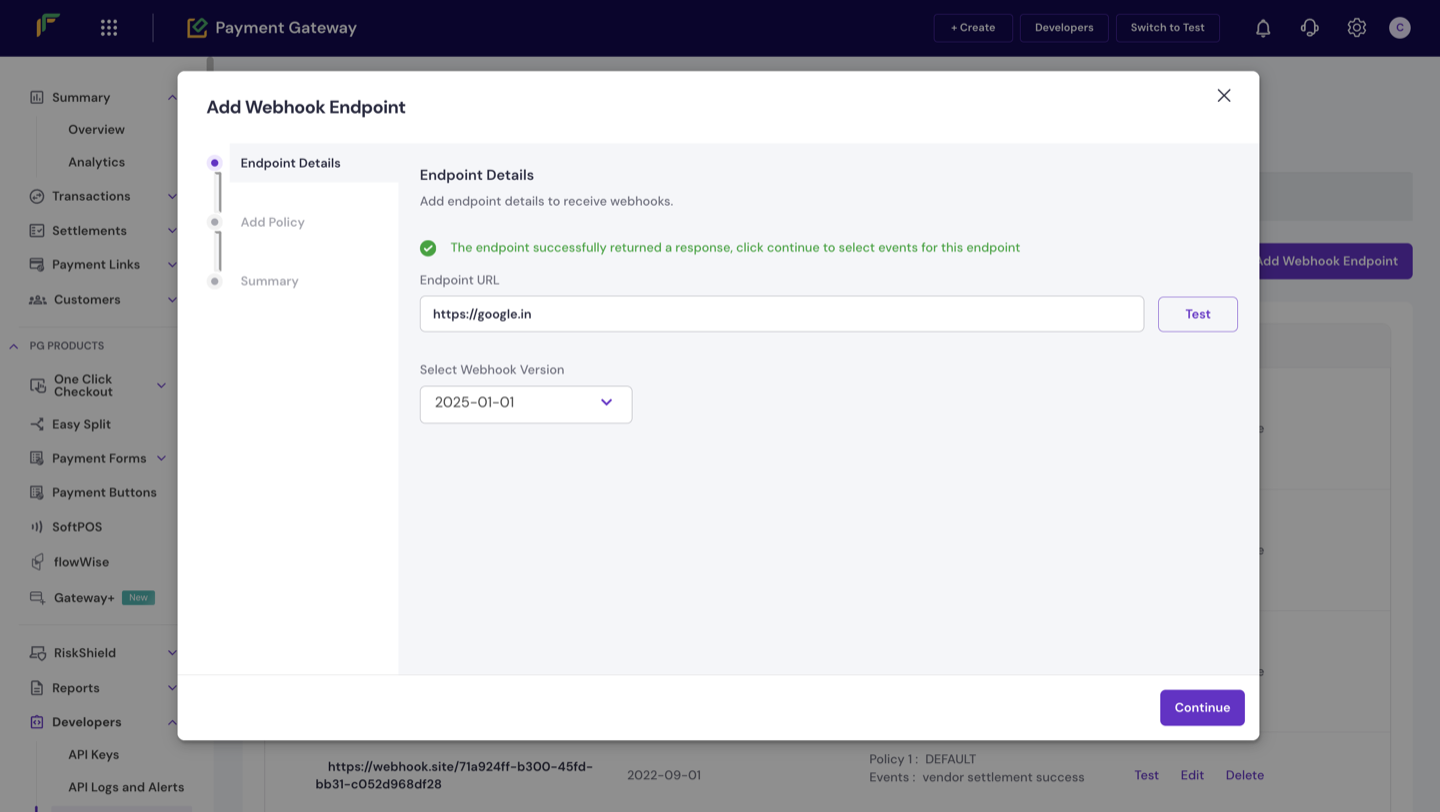 Endpoint Details section showing the endpoint URL field, Test button, and webhook version drop-down