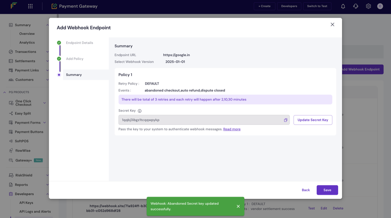 Summary section showing the configuration review and Update Secret Key button