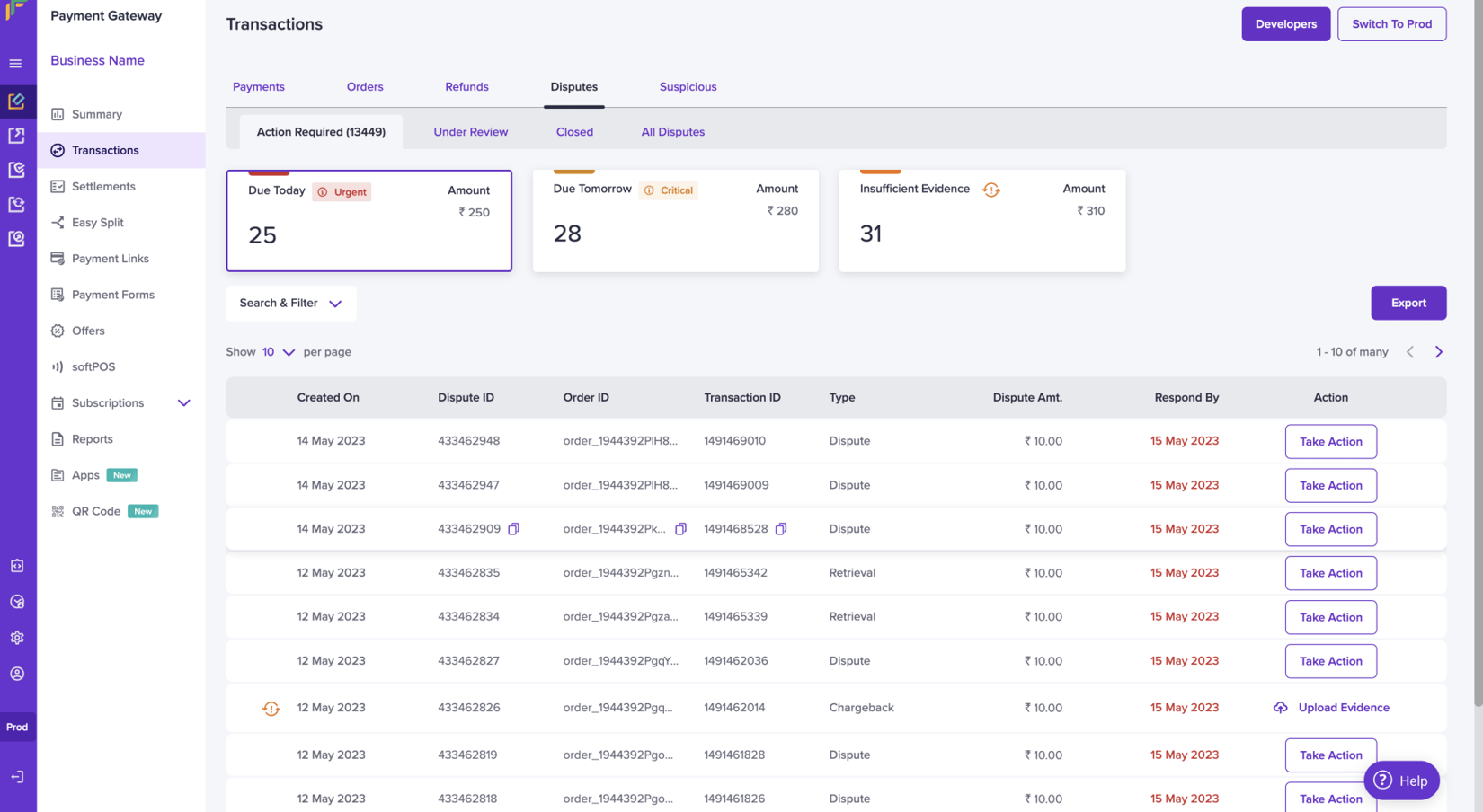 Action Dashlet Dispute Dashboard Actions | Cashfree Payments