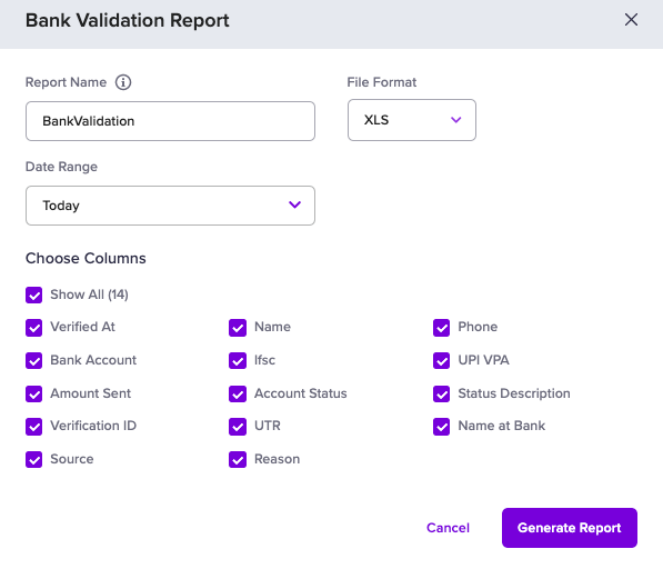 Bank Validation Report | Cashfree Payments