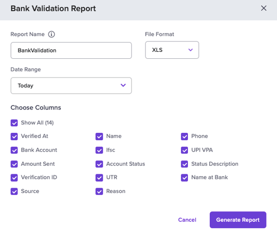 Bank Validation Report | Cashfree Payments