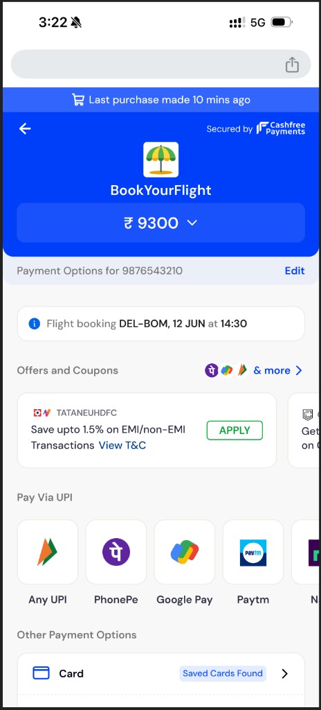 Cashfree checkout for BookYourFlight showing a context card with Flight booking DEL to BOM, 12 JUN at 14:30 above Offers and Coupons