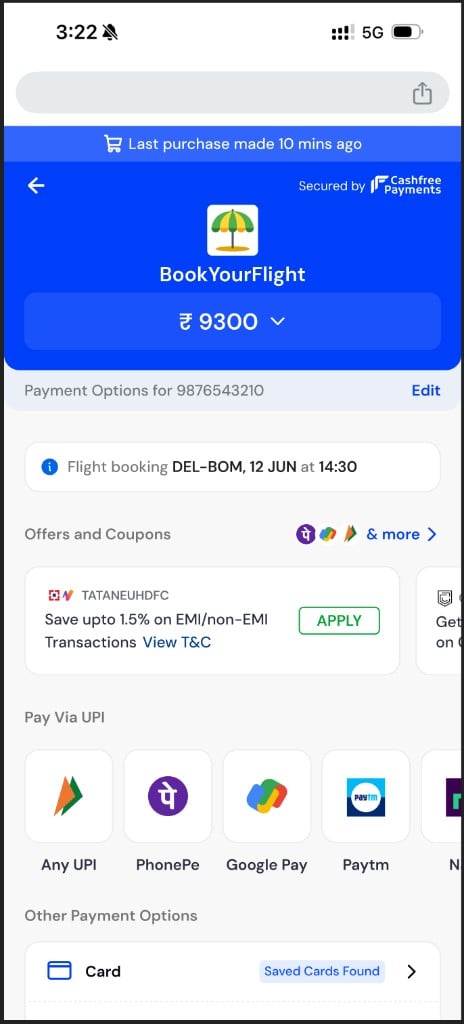 Cashfree checkout for BookYourFlight showing a context card with Flight booking DEL to BOM, 12 JUN at 14:30 above Offers and Coupons