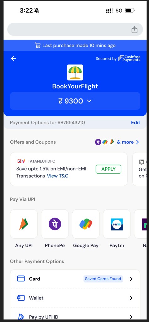 Cashfree checkout for BookYourFlight showing merchant name, amount, and payment methods without a context card