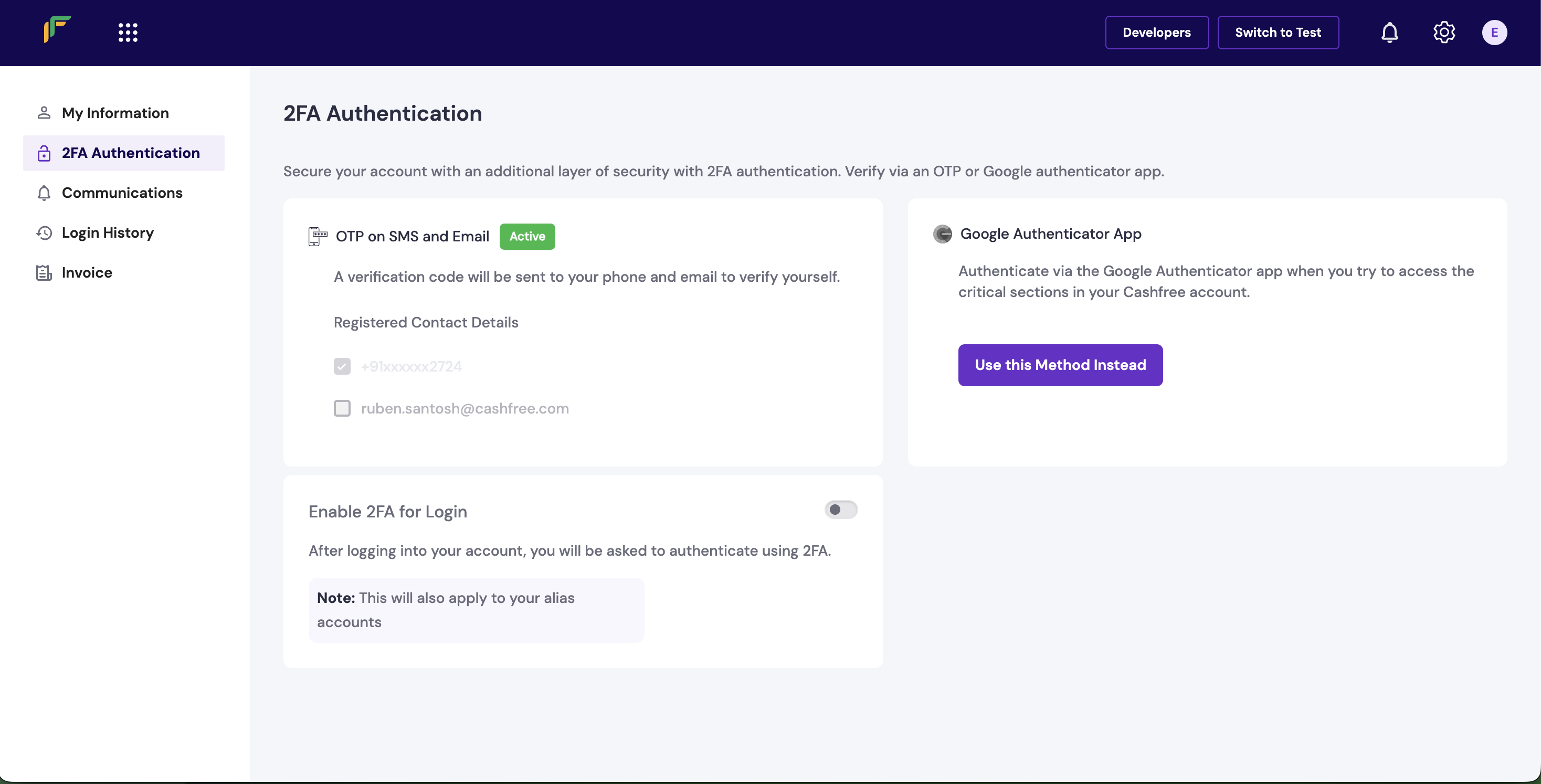 2FA Authentication settings
