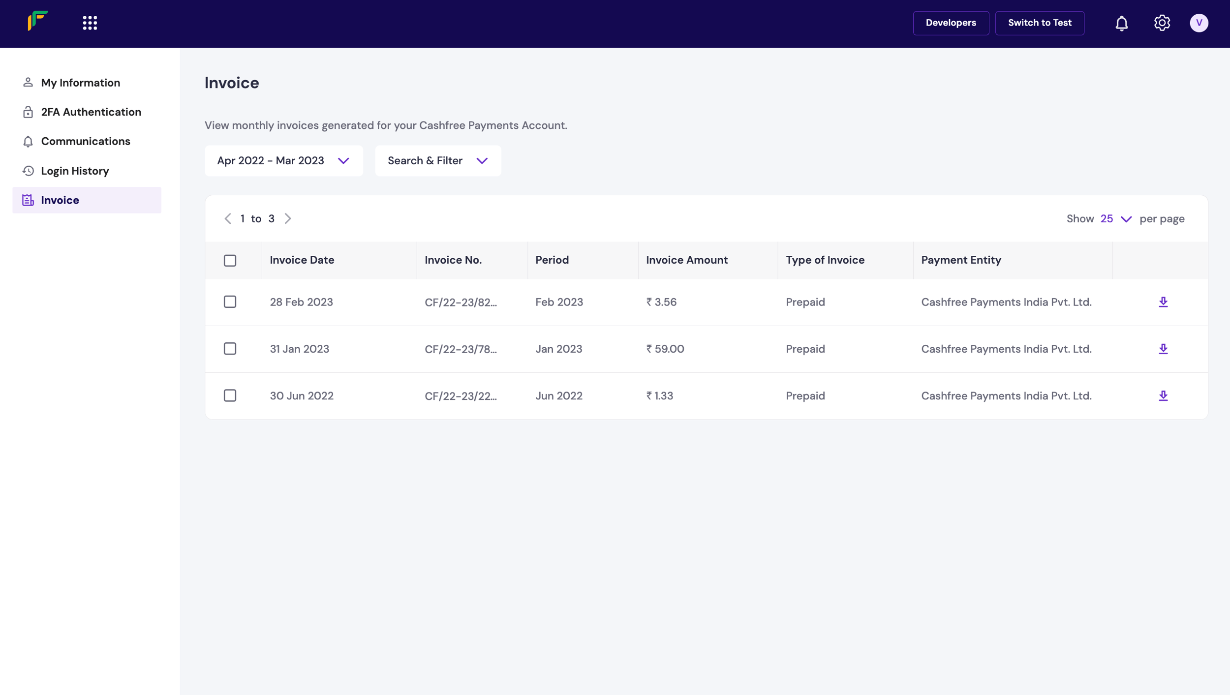 Invoices Log In Account Management - Cashfree Payments