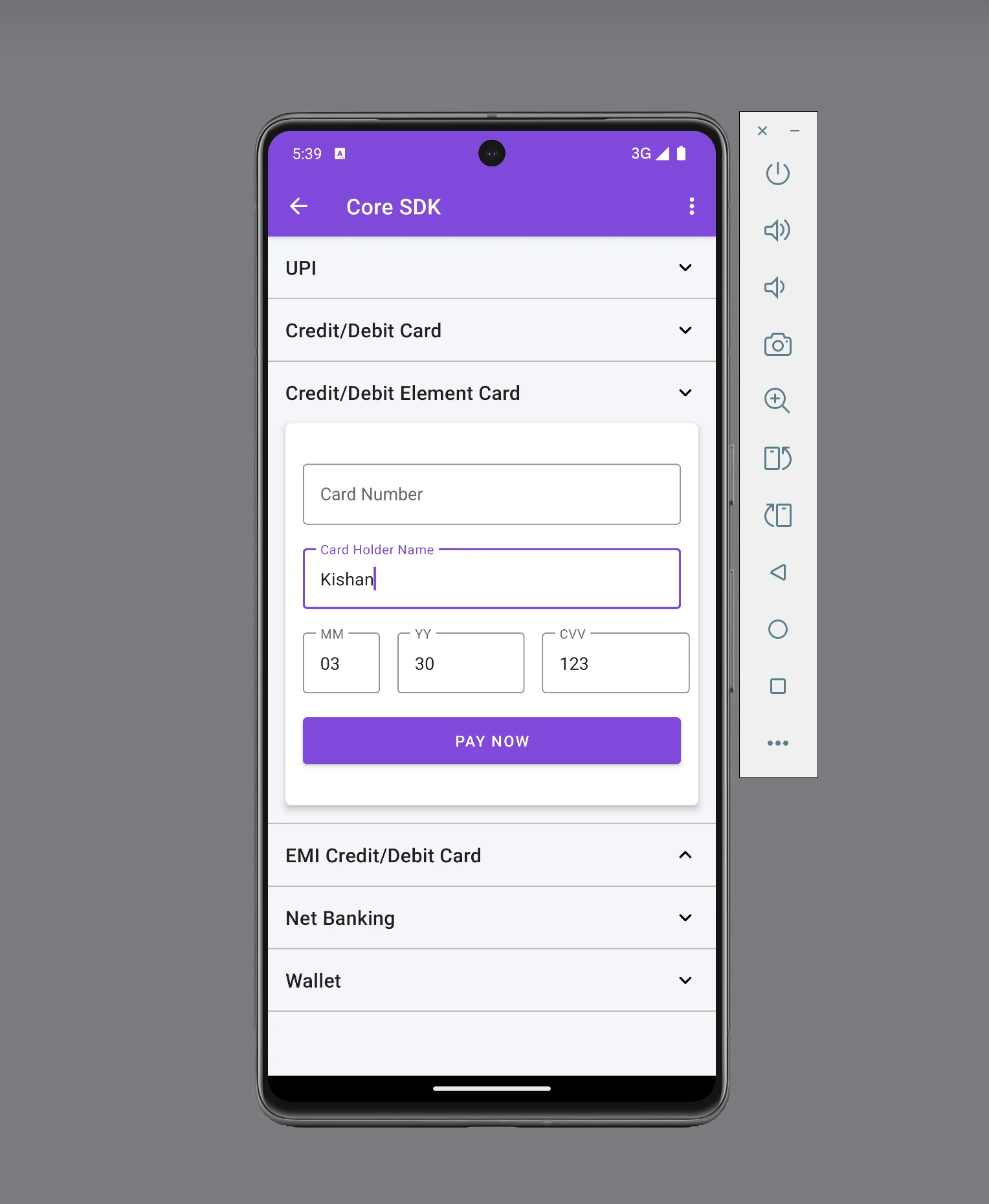 Sample card UI showing CFSubsCardNumberView with card number input field