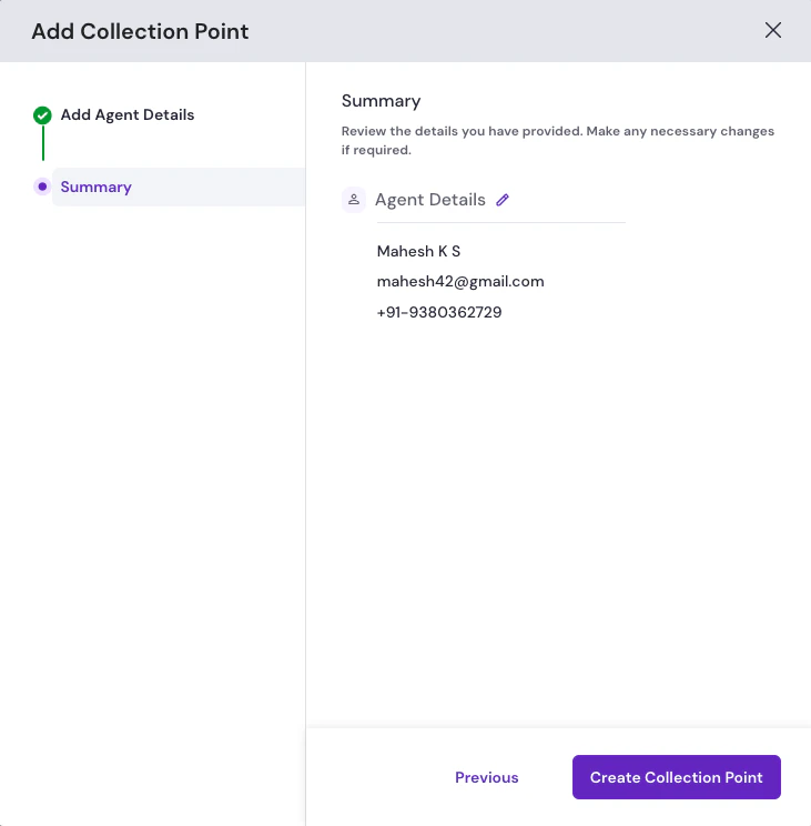 Add Collection Point modal on the Summary step with agent details and Create Collection Point