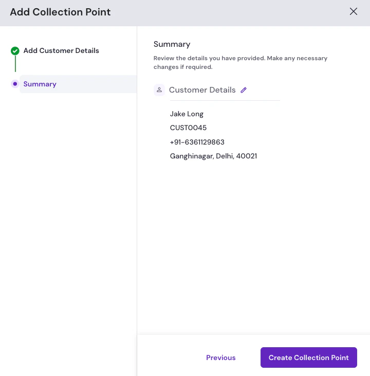 Add Collection Point modal on the Summary step with customer details and Create Collection Point