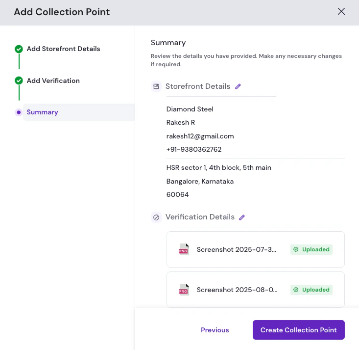 Add Collection Point modal on the Summary step with storefront details, verification uploads, and Create Collection Point