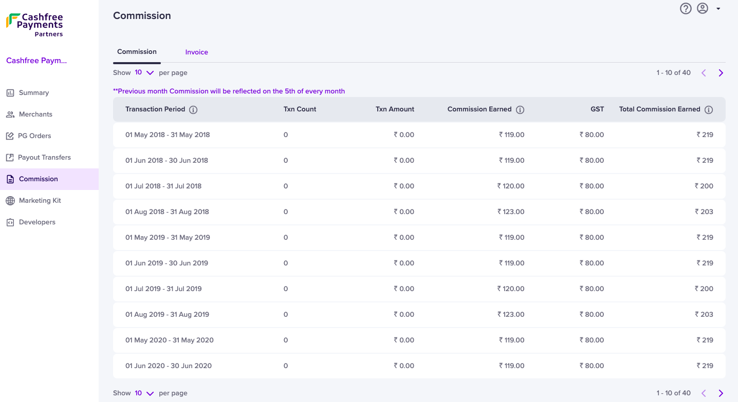 Partner Commissions and Invoices | Cashfree Payments