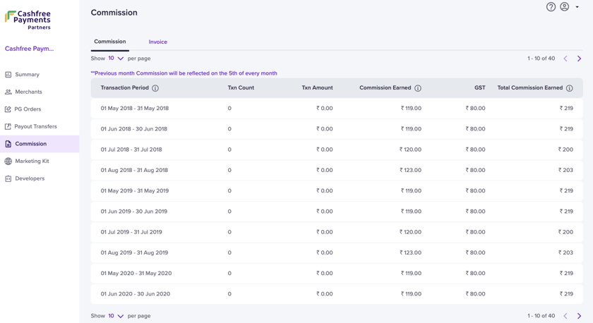 Cee Invoice Partner Commissions and Invoices | Cashfree Payments