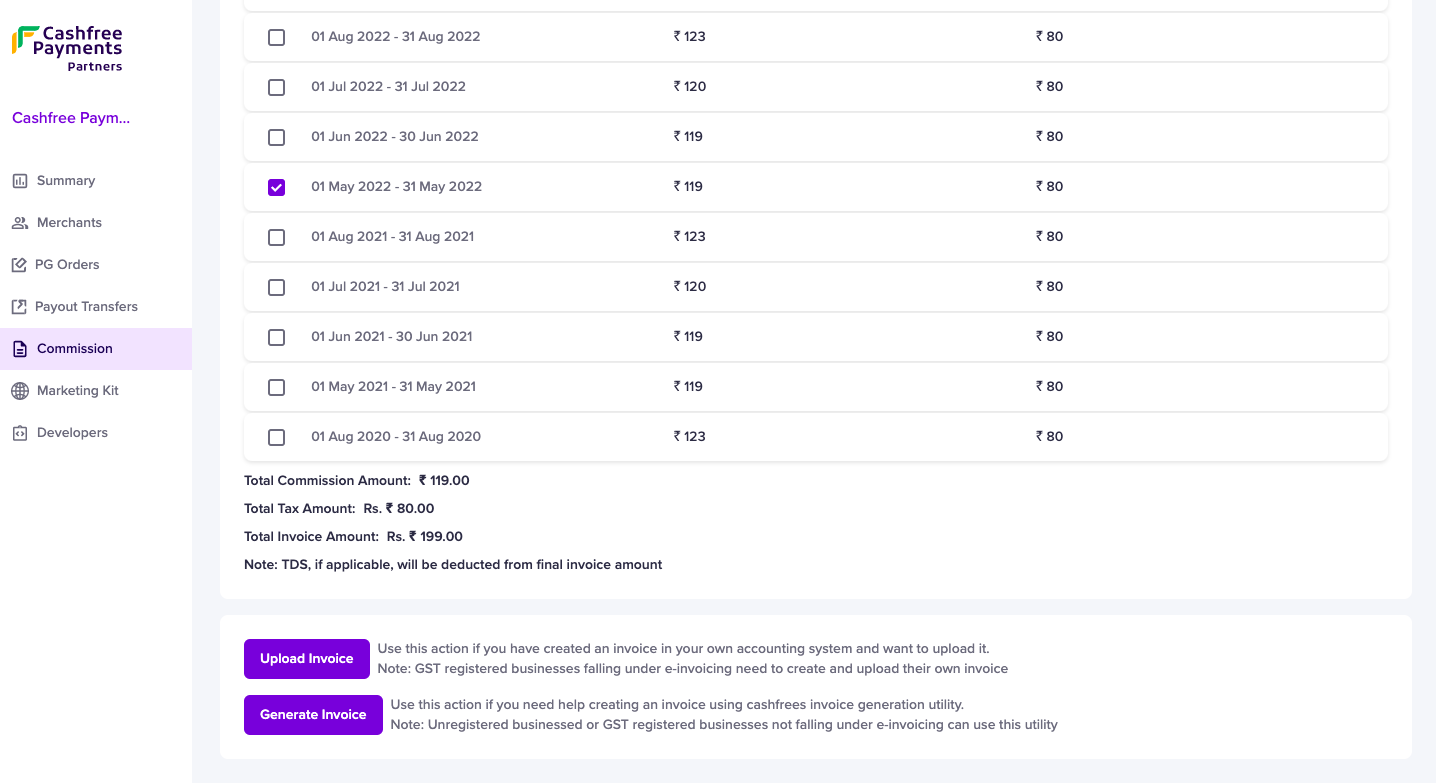 Partner Commissions and Invoices | Cashfree Payments