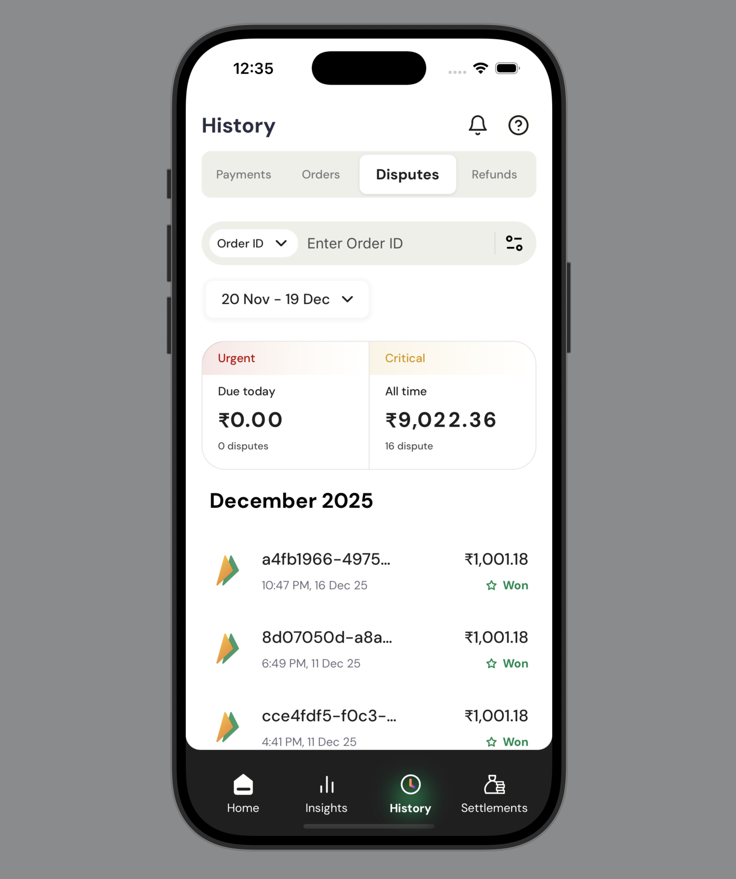 History screen with transaction records showing payments, orders, disputes and refunds
