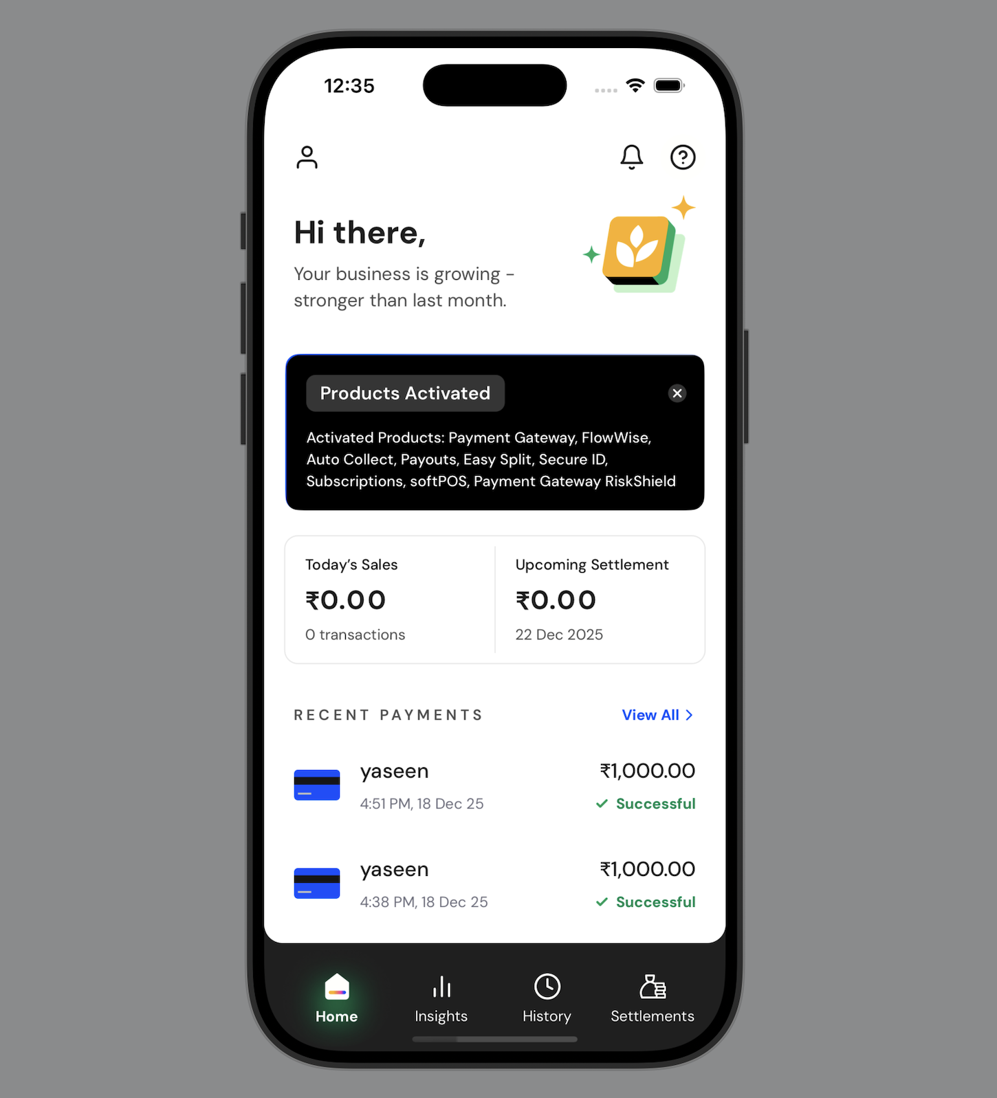 Home screen with business metrics showing sales data and quick actions