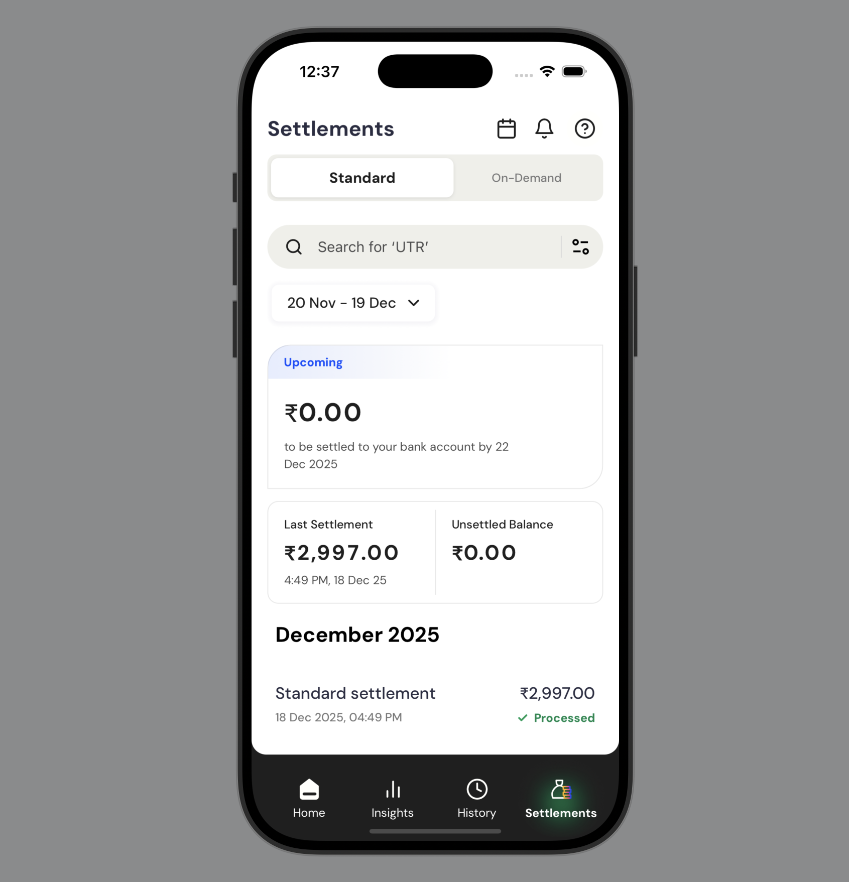Settlements screen with fund transfer management showing settlement types and balances