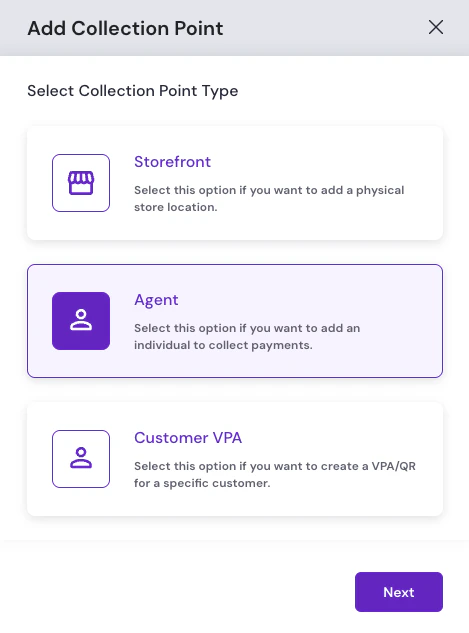 Add Collection Point modal on the Select Collection Point Type step with Agent selected among Storefront, Agent, and Customer VPA options