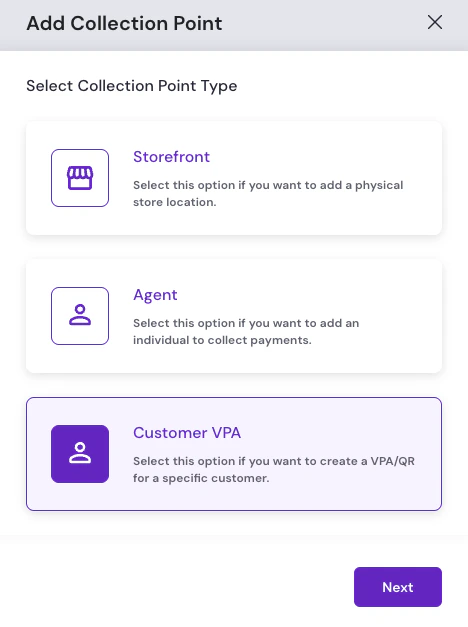 Add Collection Point modal on the Select Collection Point Type step with Customer VPA selected among Storefront, Agent, and Customer VPA options