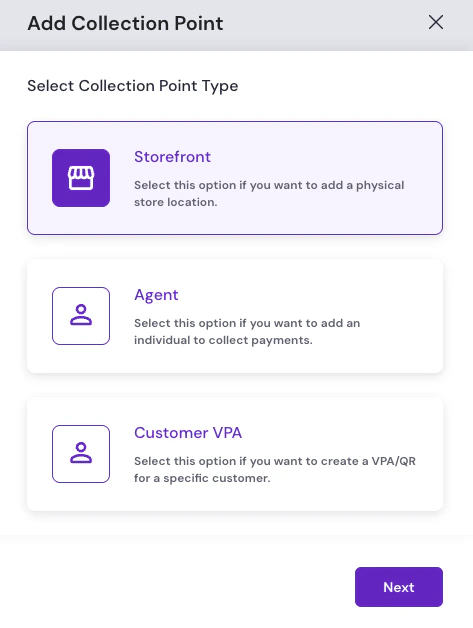 Add Collection Point modal on the Select Collection Point Type step with Storefront selected among Storefront, Agent, and Customer VPA options