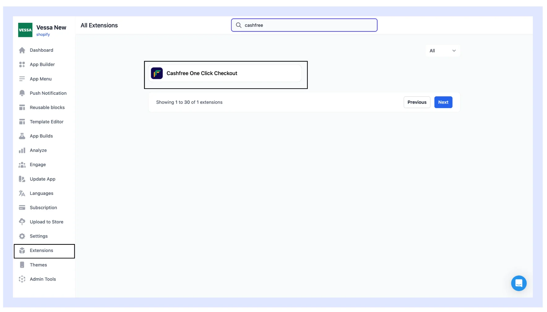 Appmaker Dashboard showing the Extensions menu