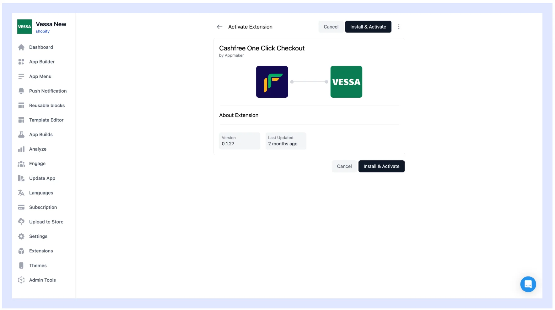 Search results showing the Cashfree One Click Checkout extension in Appmaker