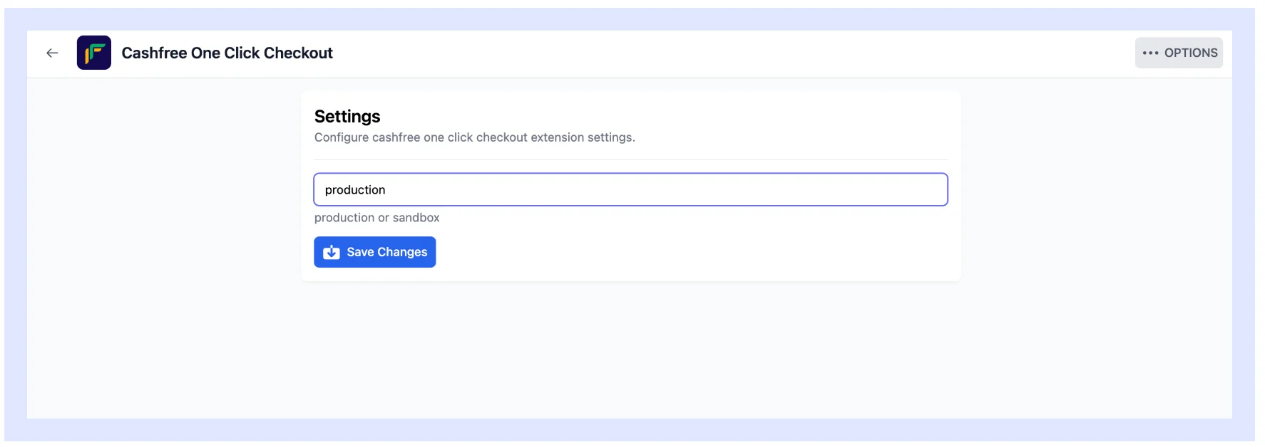 Cashfree One Click Checkout settings tab with Environment set to Production