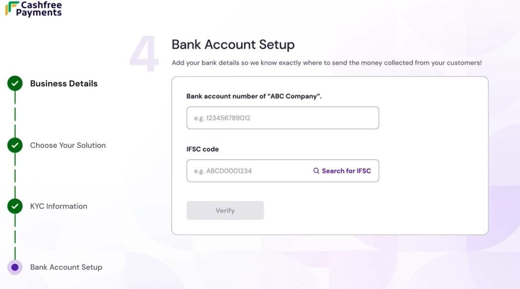 Bank account setup page