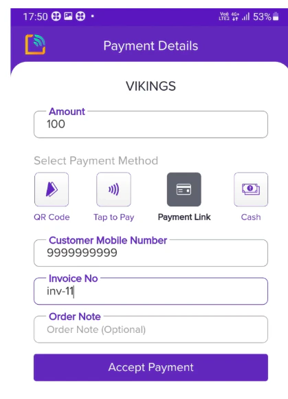 softPOS Payment Details screen with store name, amount field, Payment Link payment method selected, customer mobile number, invoice number, optional order note, and Accept Payment button